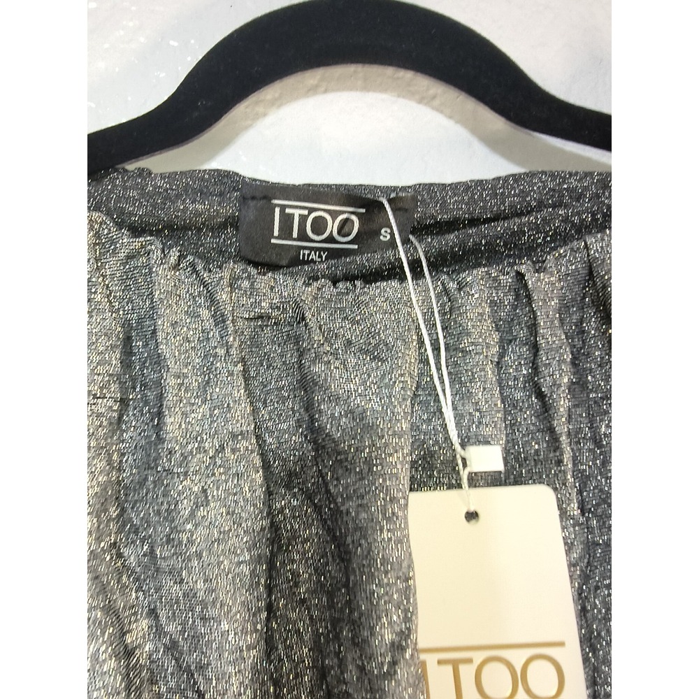 ITOO Italy Silver Metallic Ruched Crop Top Long Sleeve Shimmer Blouse NWT (17)